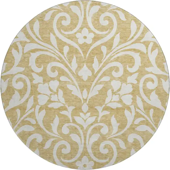 8' Gold And Ivory Floral Washable Round Rug With UV Protection Photo 1
