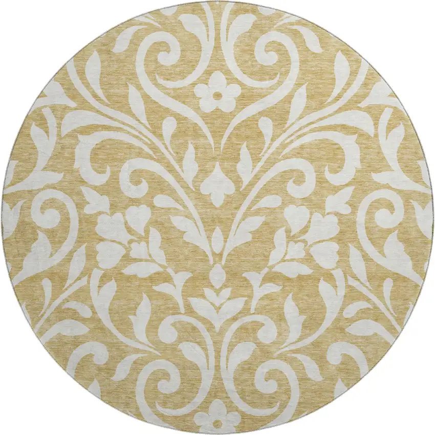 8' Gold And Ivory Floral Washable Round Rug With UV Protection Photo 1