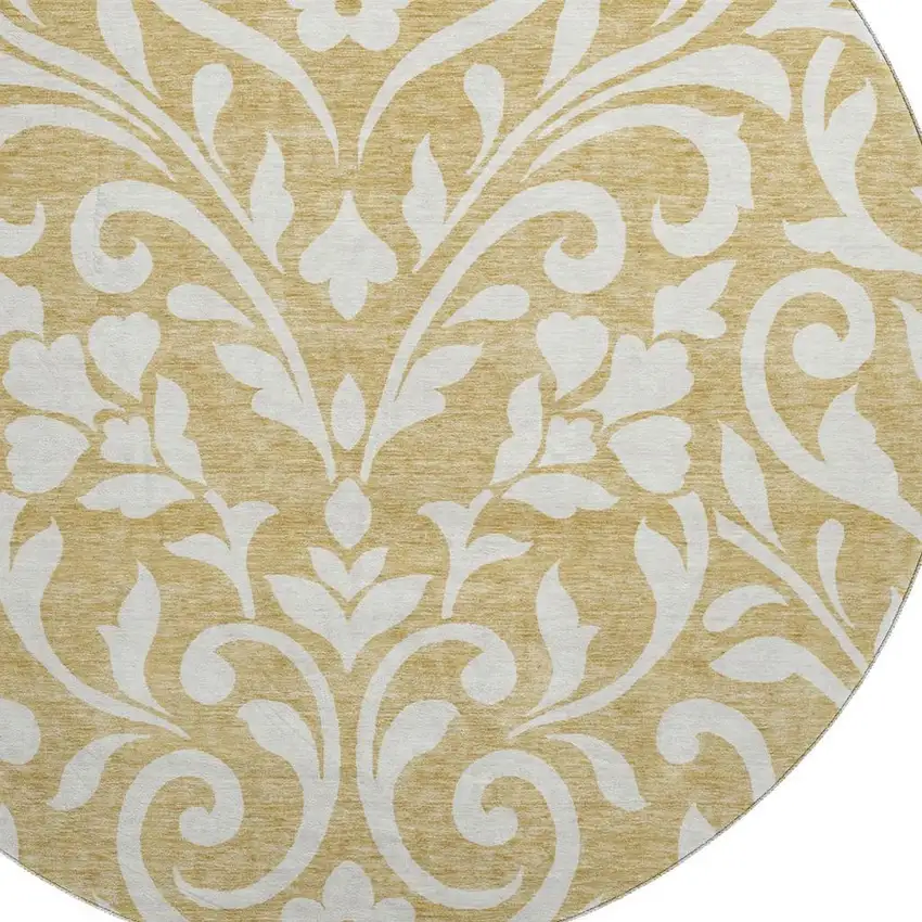8' Gold And Ivory Floral Washable Round Rug With UV Protection Photo 3