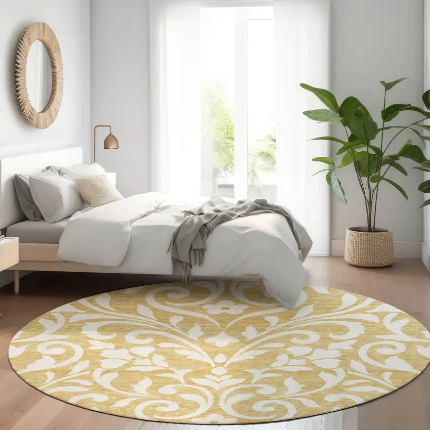 8' Gold And Ivory Floral Washable Round Rug With UV Protection Photo 5