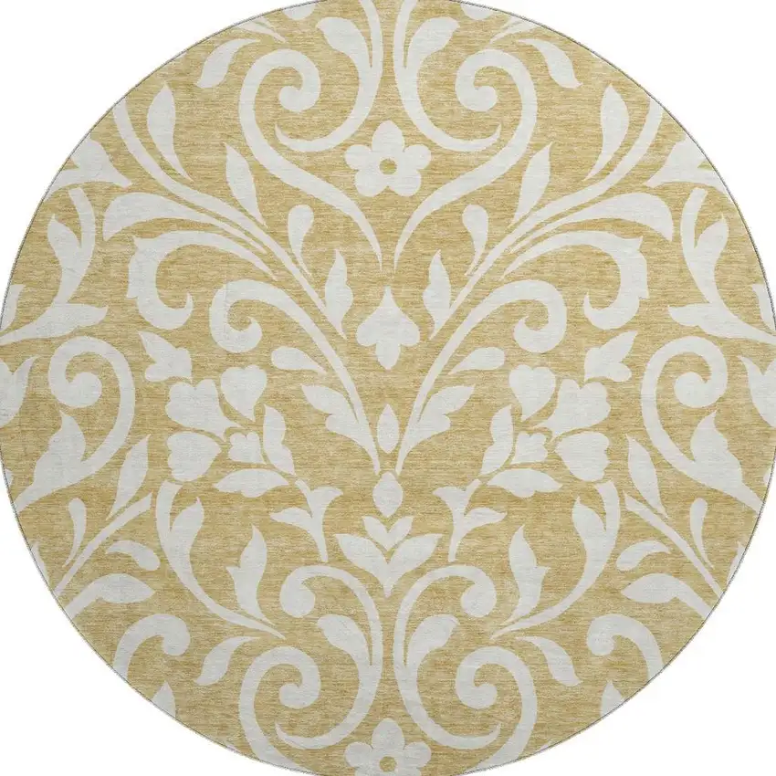 8' Gold And Ivory Floral Washable Round Rug With UV Protection Photo 4