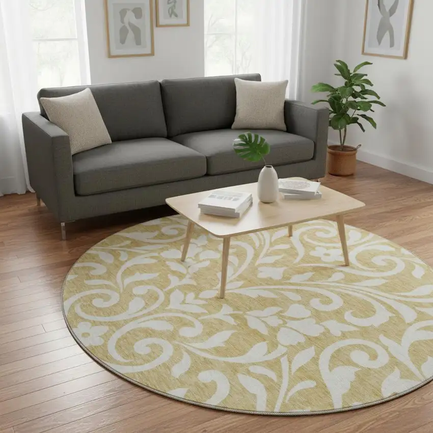 8' Gold And Ivory Floral Washable Round Rug With UV Protection Photo 2