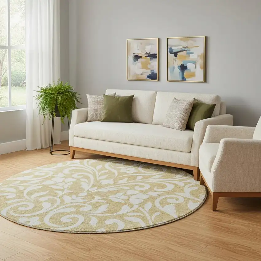 8' Gold And Ivory Floral Washable Round Rug With UV Protection Photo 1