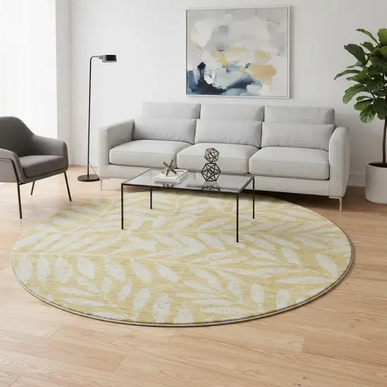 8' Gold And Ivory Floral Washable Round Rug With UV Protection Photo 2