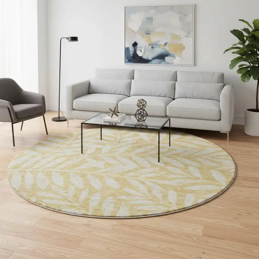 8' Gold And Ivory Floral Washable Round Rug With UV Protection Photo 2