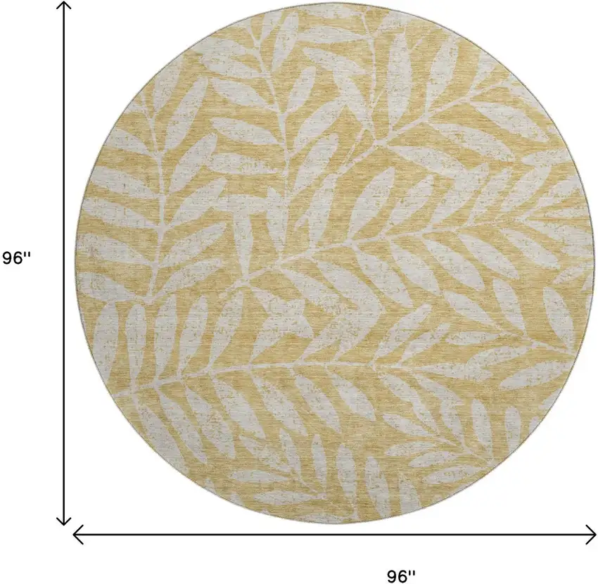 8' Gold And Ivory Floral Washable Round Rug With UV Protection Photo 8