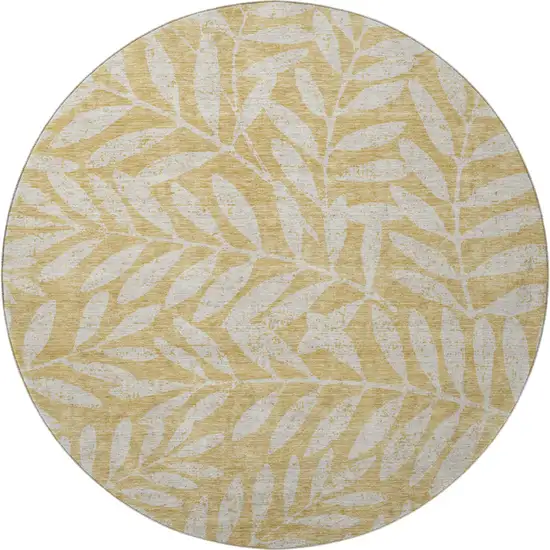 8' Gold And Ivory Floral Washable Round Rug With UV Protection Photo 4