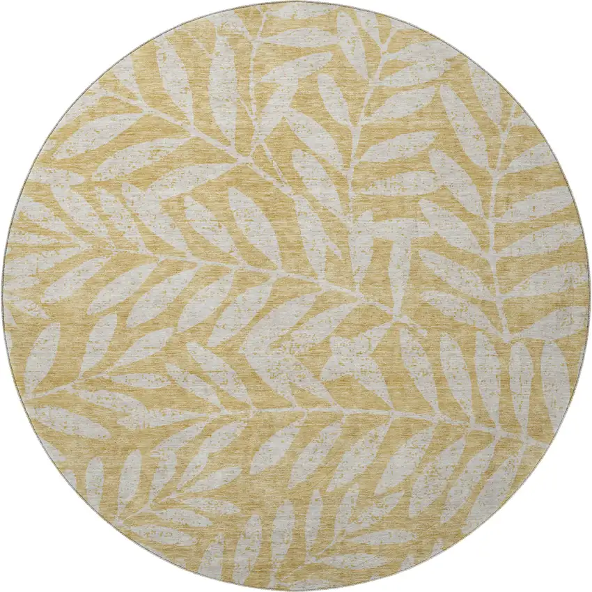 8' Gold And Ivory Floral Washable Round Rug With UV Protection Photo 4