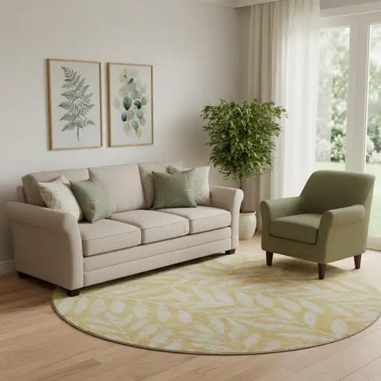 8' Gold And Ivory Floral Washable Round Rug With UV Protection Photo 1