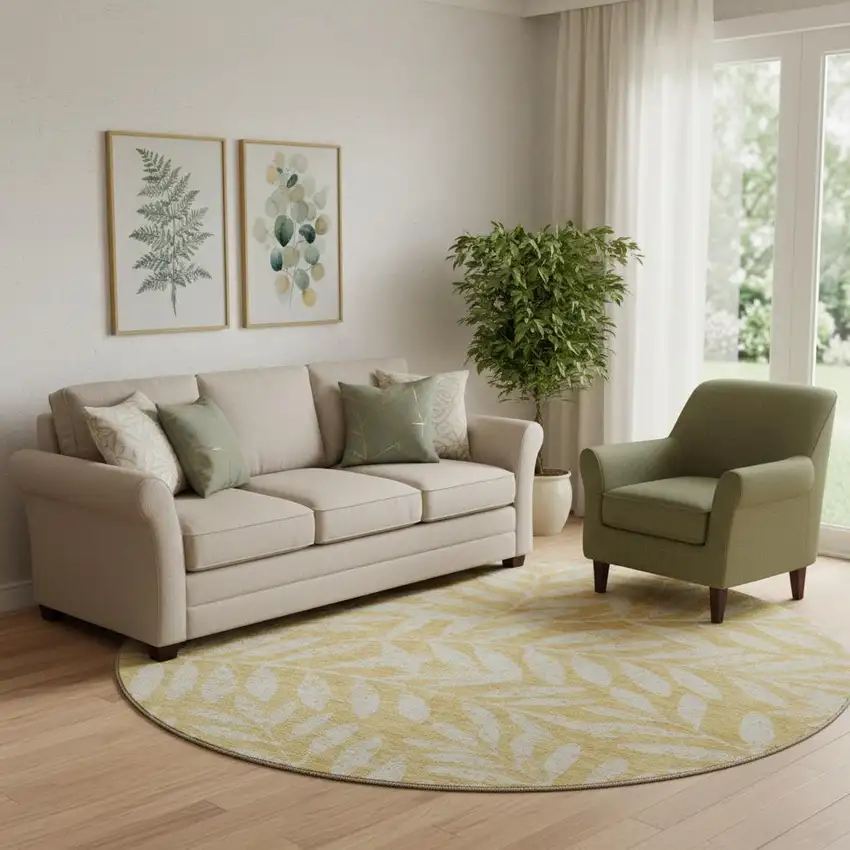 8' Gold And Ivory Floral Washable Round Rug With UV Protection Photo 1