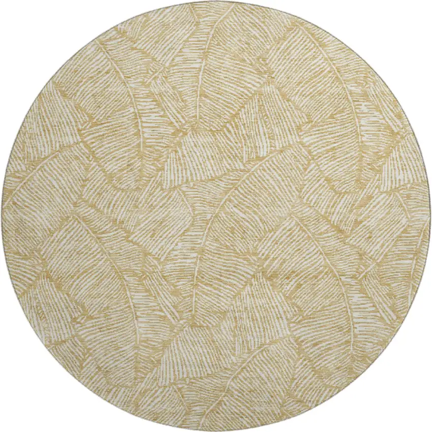 8' Gold And Ivory Floral Washable Round Rug With UV Protection Photo 1