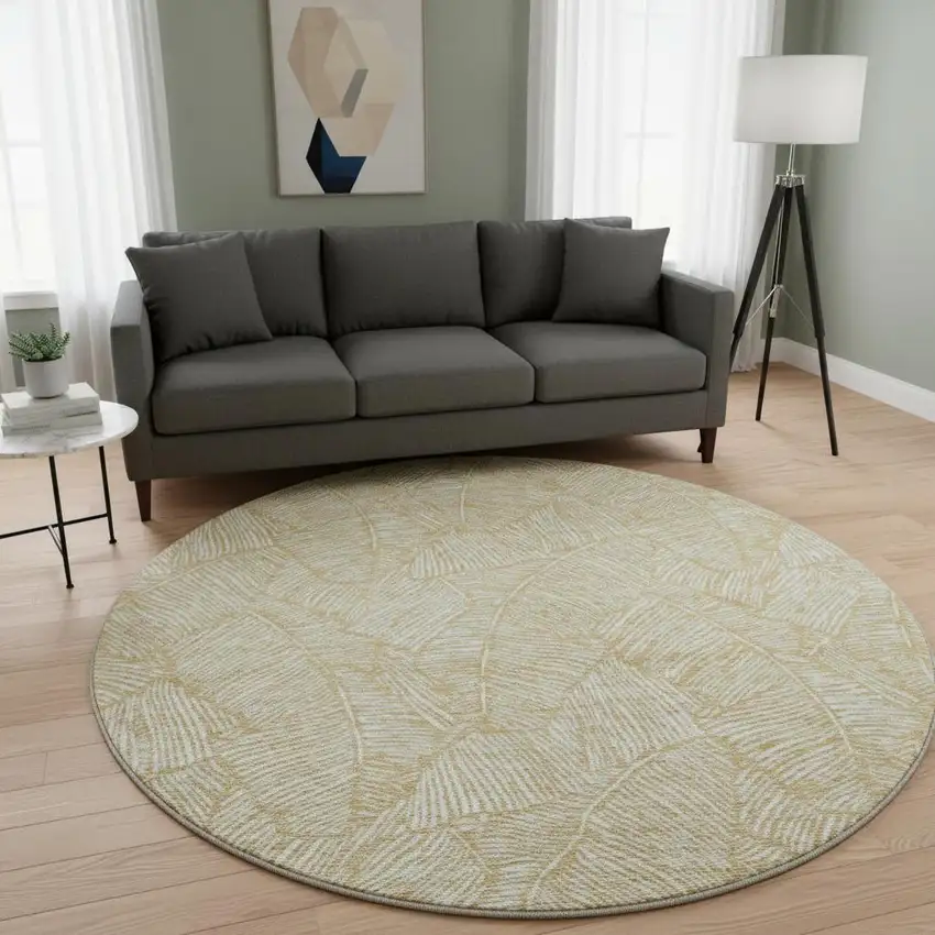 8' Gold And Ivory Floral Washable Round Rug With UV Protection Photo 2
