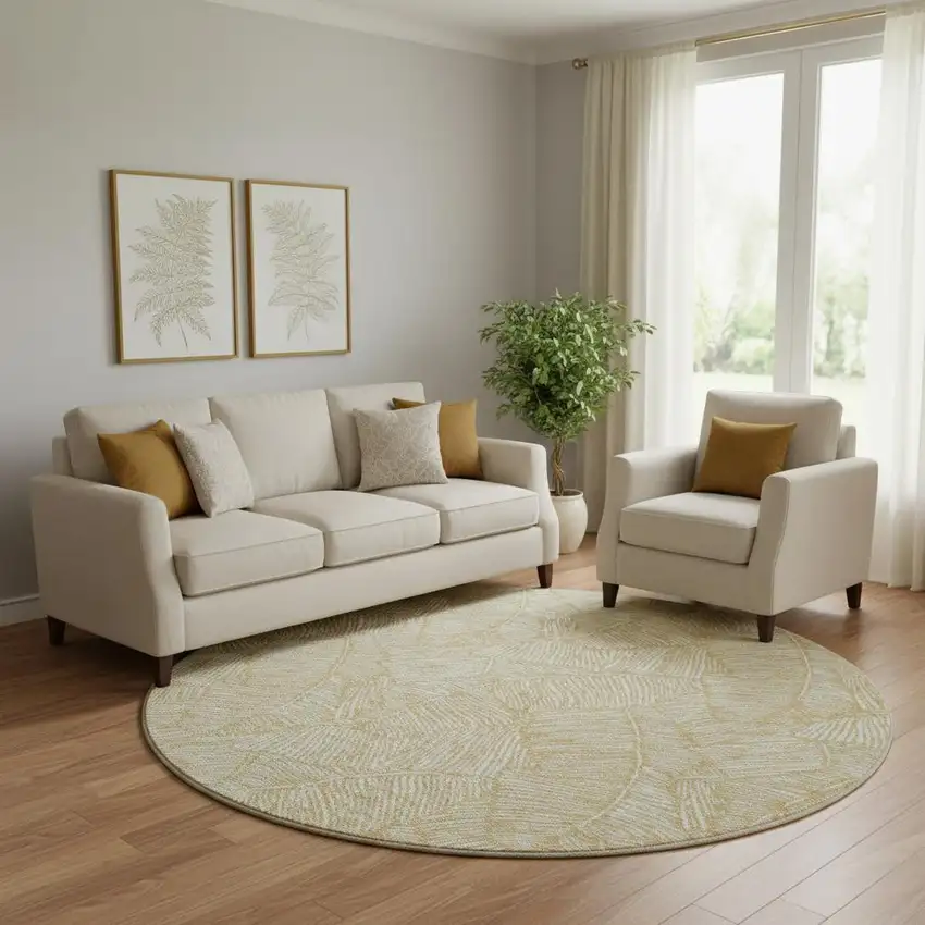 8' Gold And Ivory Floral Washable Round Rug With UV Protection Photo 1