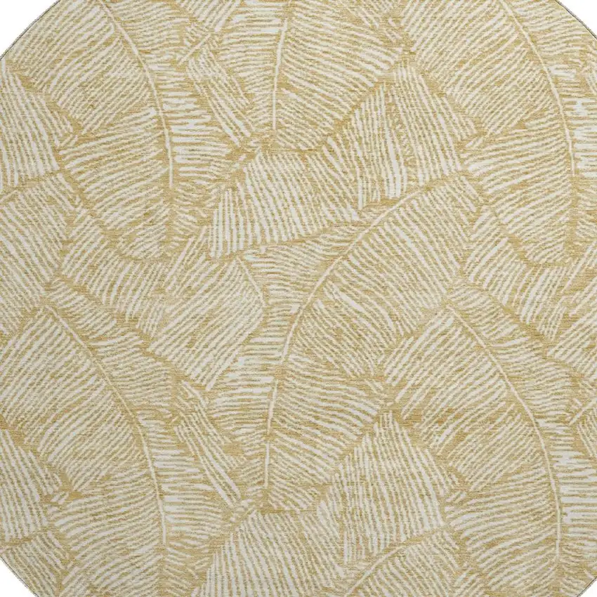 8' Gold And Ivory Floral Washable Round Rug With UV Protection Photo 3