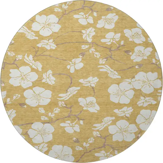 8' Gold And Ivory Floral Washable Round Rug With UV Protection Photo 3
