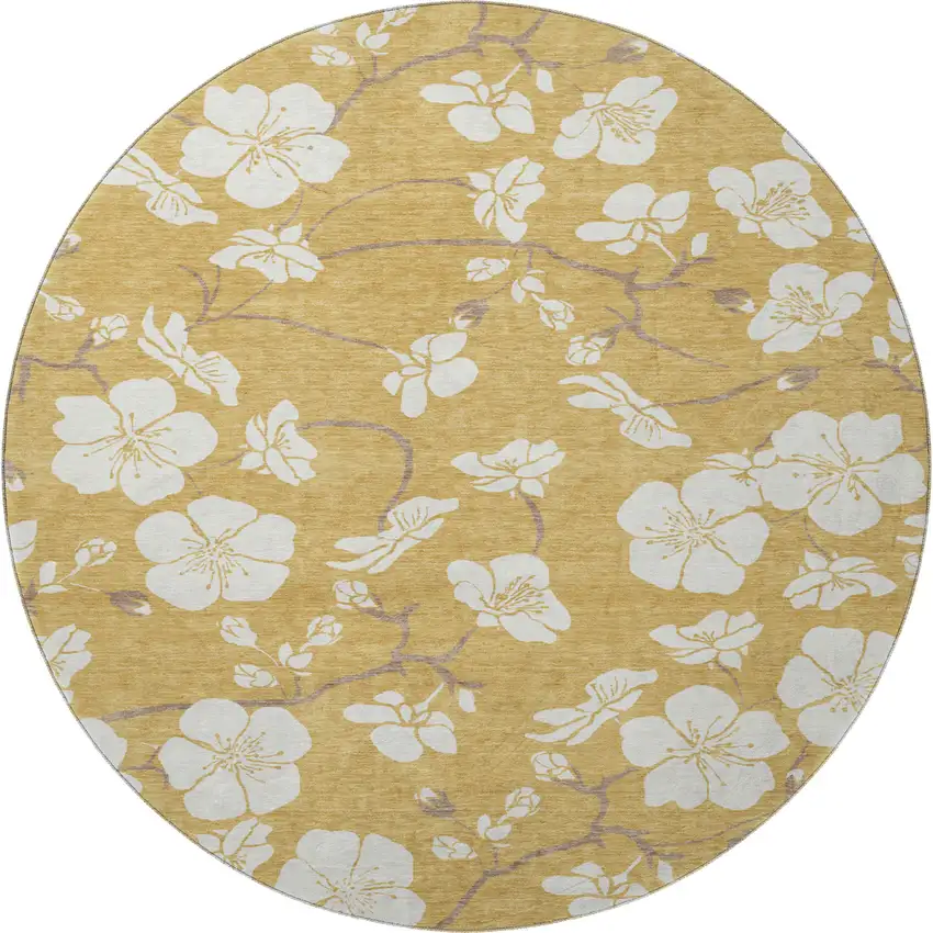 8' Gold And Ivory Floral Washable Round Rug With UV Protection Photo 3