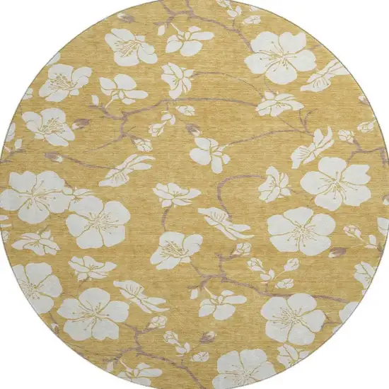 8' Gold And Ivory Floral Washable Round Rug With UV Protection Photo 2