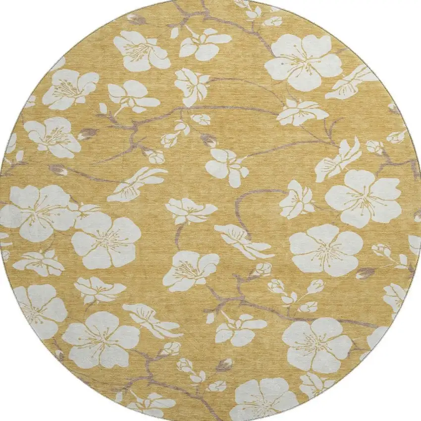 8' Gold And Ivory Floral Washable Round Rug With UV Protection Photo 2