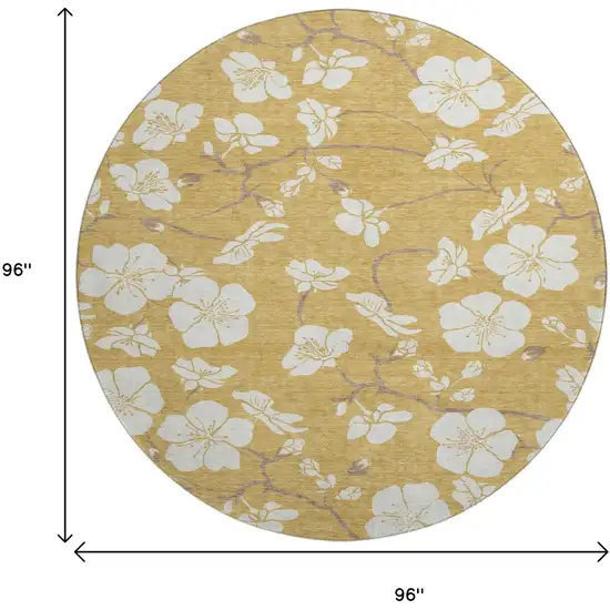 8' Gold And Ivory Floral Washable Round Rug With UV Protection Photo 9