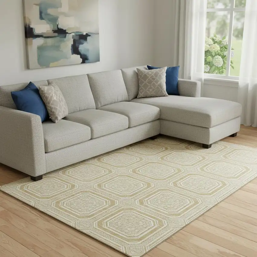 8' Gold And Ivory Geometric Washable Area Rug With UV Protection Photo 2