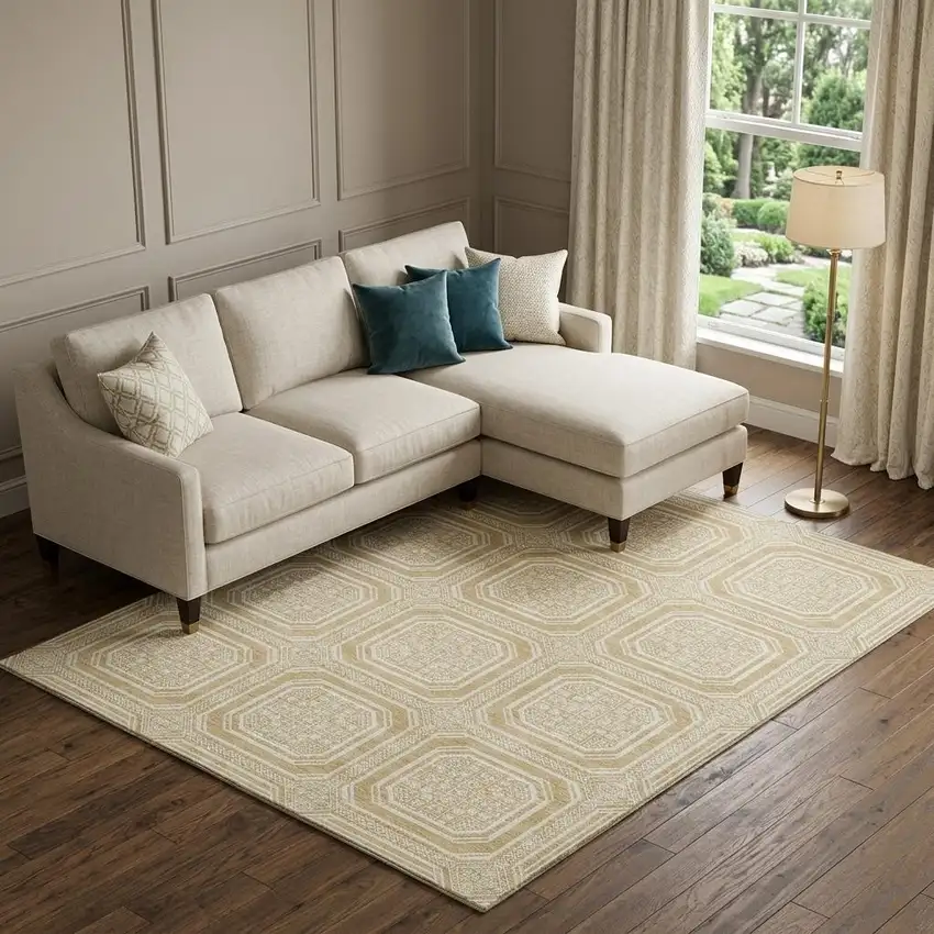 8' Gold And Ivory Geometric Washable Area Rug With UV Protection Photo 1