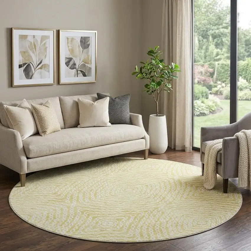 8' Gold And Ivory Geometric Washable Round Rug With UV Protection Photo 1