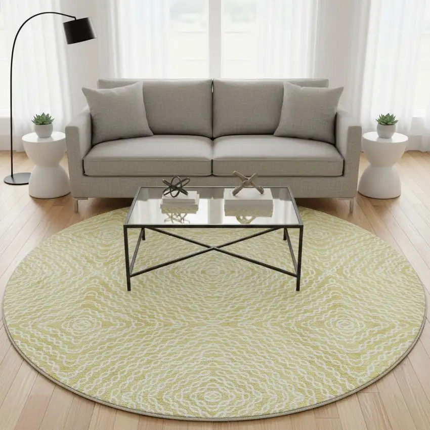 8' Gold And Ivory Geometric Washable Round Rug With UV Protection Photo 1