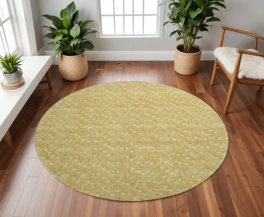 8' Gold And Ivory Geometric Washable Round Rug With UV Protection Photo 2