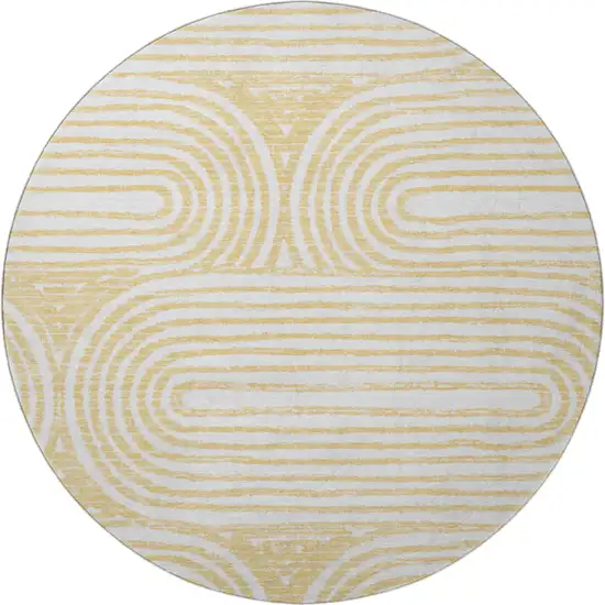 8' Gold And Ivory Geometric Distressed Washable Round Rug With UV Protection Photo 4