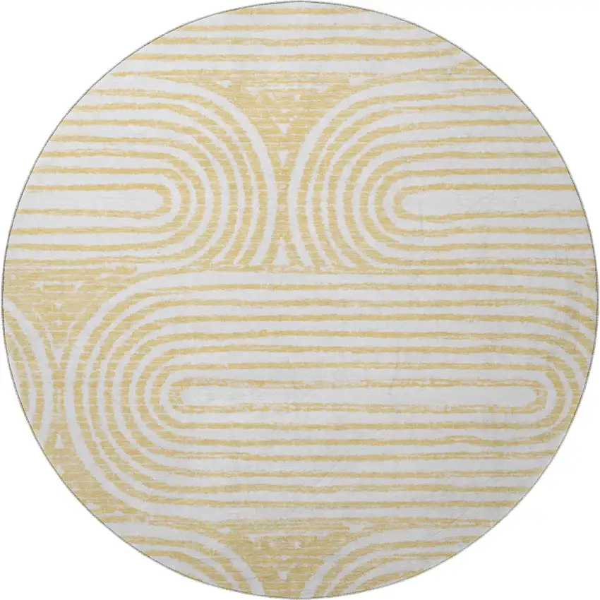 8' Gold And Ivory Geometric Distressed Washable Round Rug With UV Protection Photo 4