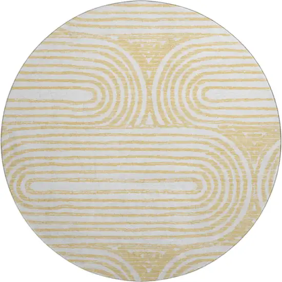 8' Gold And Ivory Geometric Distressed Washable Round Rug With UV Protection Photo 2