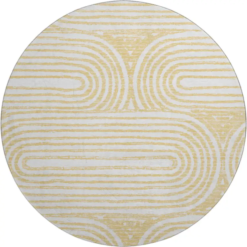 8' Gold And Ivory Geometric Distressed Washable Round Rug With UV Protection Photo 2