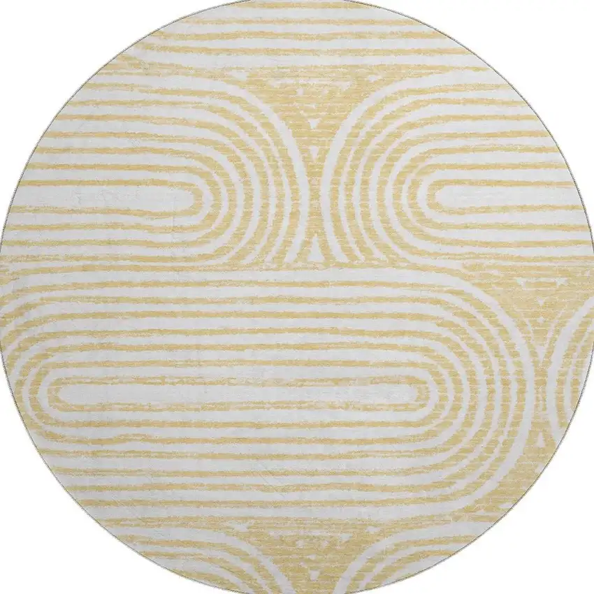 8' Gold And Ivory Geometric Distressed Washable Round Rug With UV Protection Photo 3