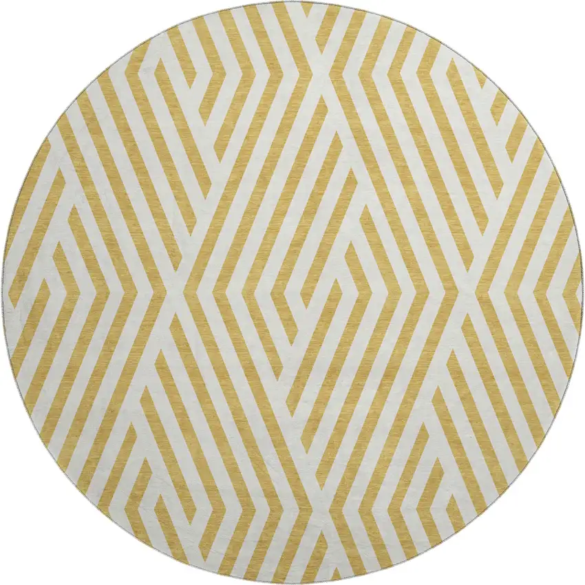 8' Gold And Ivory Geometric Washable Round Rug With UV Protection Photo 2
