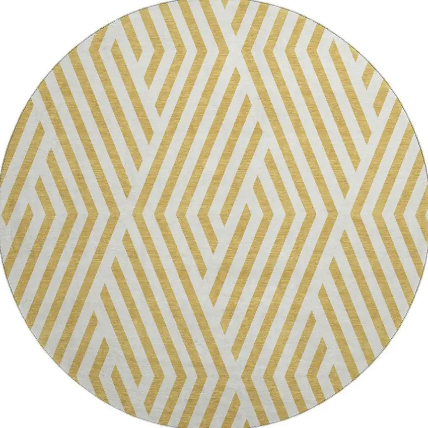 8' Gold And Ivory Geometric Washable Round Rug With UV Protection Photo 4