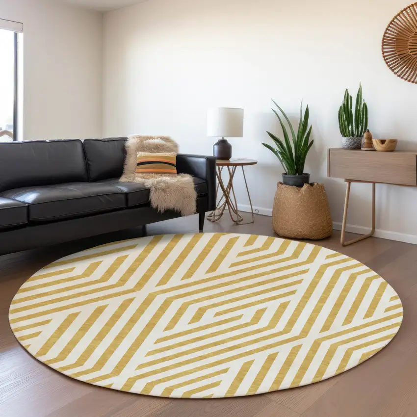 8' Gold And Ivory Geometric Washable Round Rug With UV Protection Photo 4