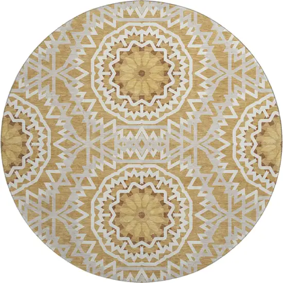 8' Gold And Ivory Geometric Washable Round Rug With UV Protection Photo 1