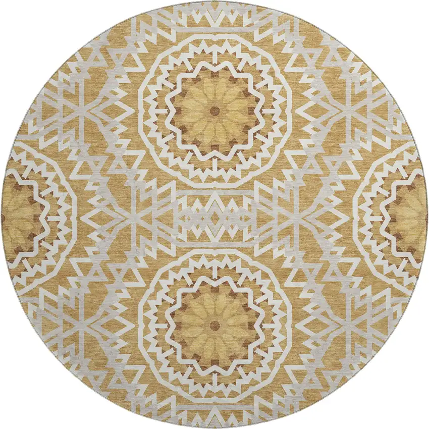 8' Gold And Ivory Geometric Washable Round Rug With UV Protection Photo 1