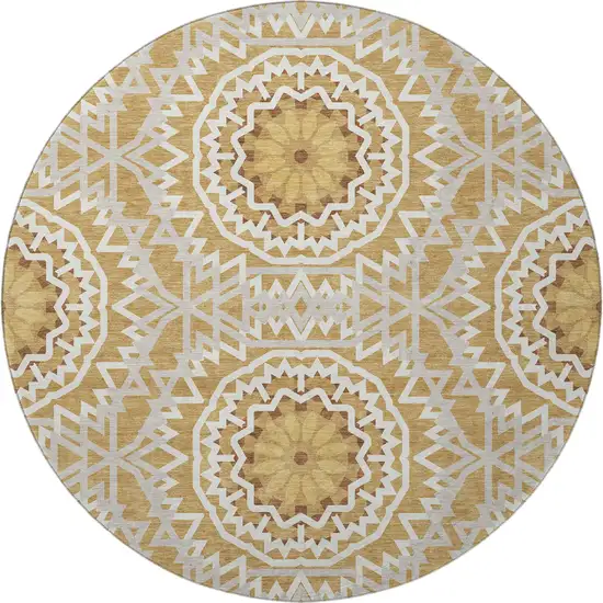 8' Gold And Ivory Geometric Washable Round Rug With UV Protection Photo 3