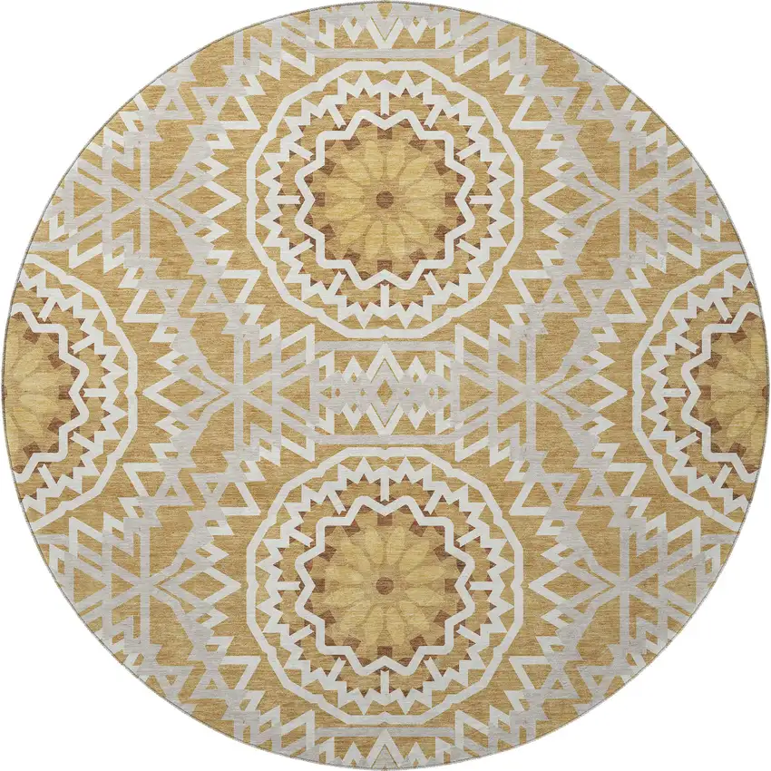 8' Gold And Ivory Geometric Washable Round Rug With UV Protection Photo 3