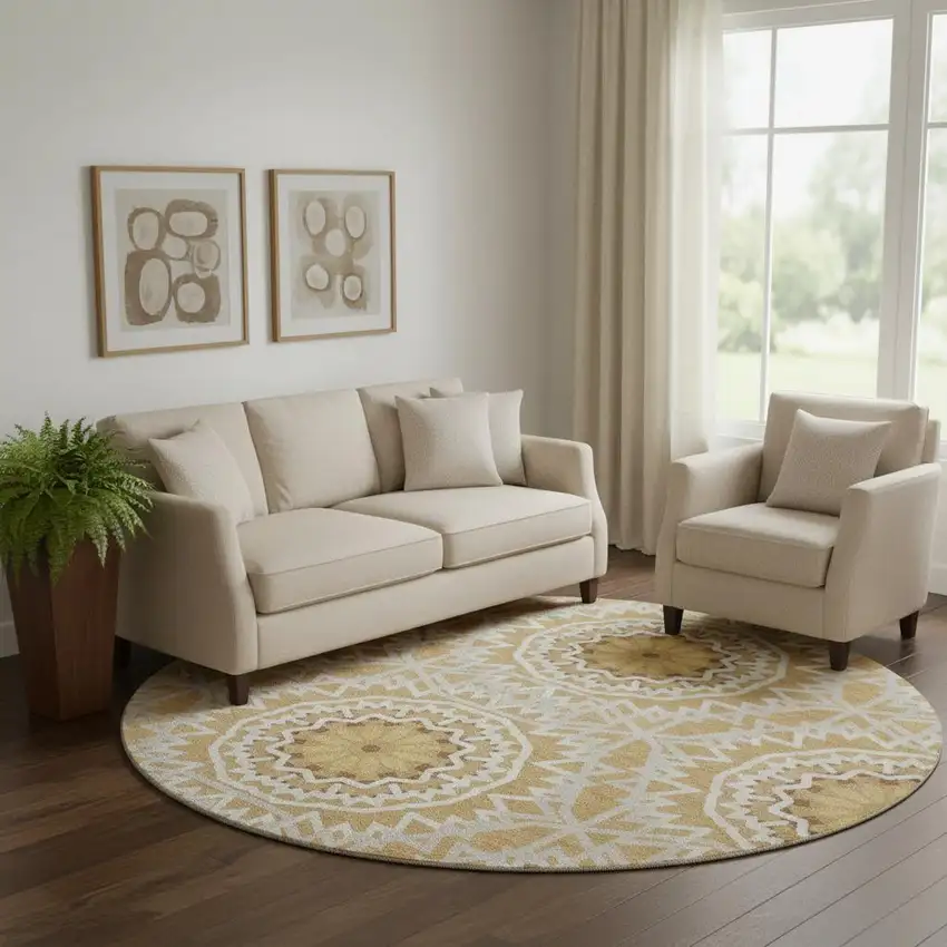 8' Gold And Ivory Geometric Washable Round Rug With UV Protection Photo 1