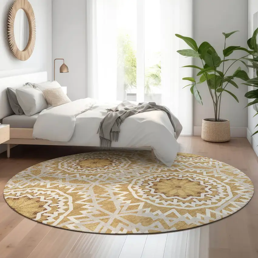 8' Gold And Ivory Geometric Washable Round Rug With UV Protection Photo 4