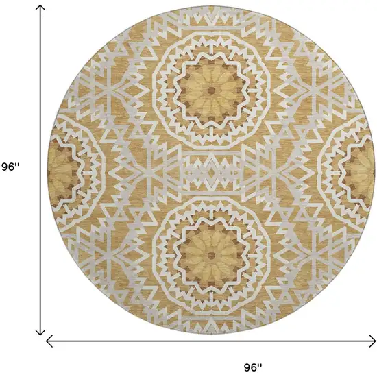 8' Gold And Ivory Geometric Washable Round Rug With UV Protection Photo 9