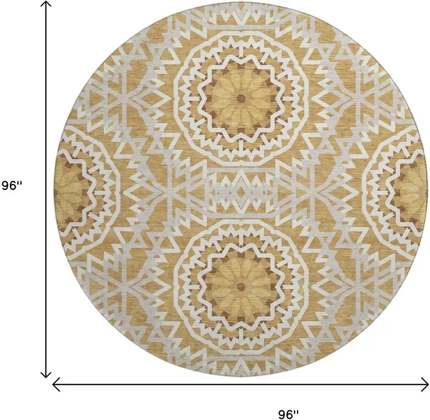 8' Gold And Ivory Geometric Washable Round Rug With UV Protection Photo 9