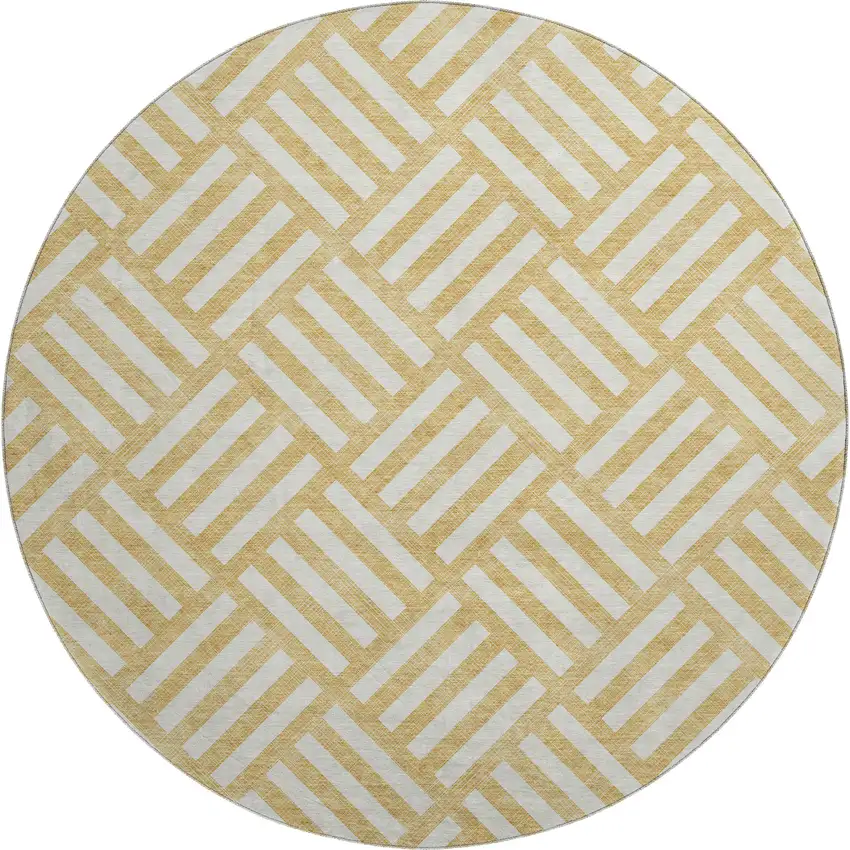 8' Gold And Ivory Geometric Washable Round Rug With UV Protection Photo 1