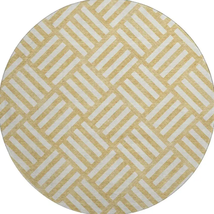 8' Gold And Ivory Geometric Washable Round Rug With UV Protection Photo 4