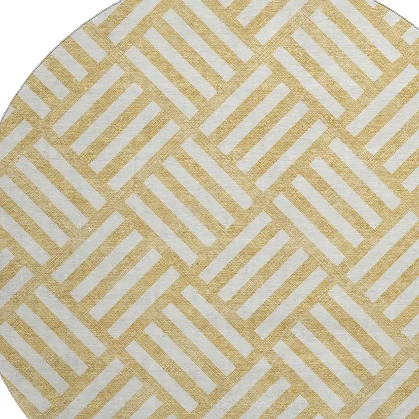 8' Gold And Ivory Geometric Washable Round Rug With UV Protection Photo 3