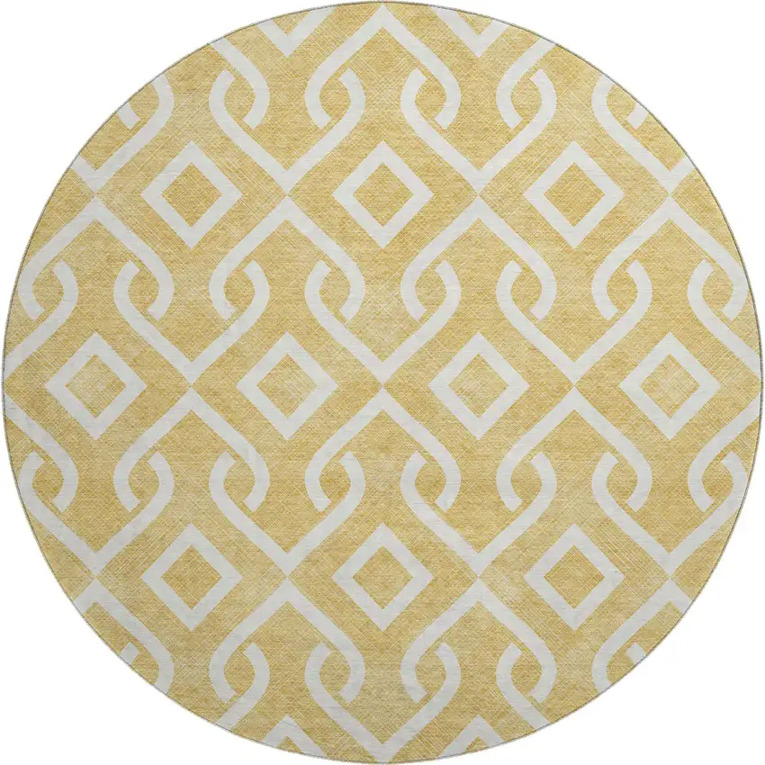 8' Gold And Ivory Geometric Washable Round Rug With UV Protection Photo 1
