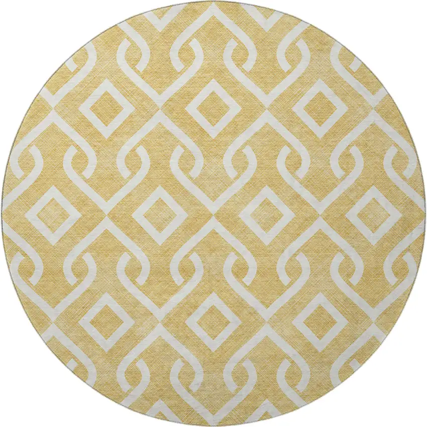 8' Gold And Ivory Geometric Washable Round Rug With UV Protection Photo 4