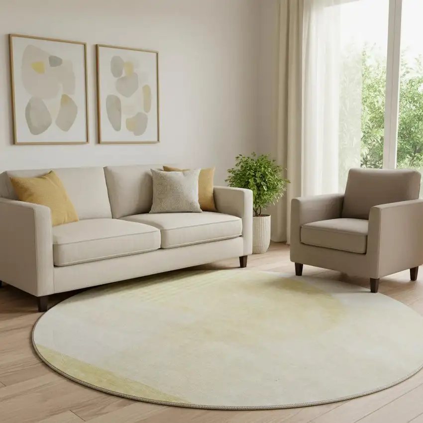 8' Gold And Ivory Geometric Washable Round Rug With UV Protection Photo 1